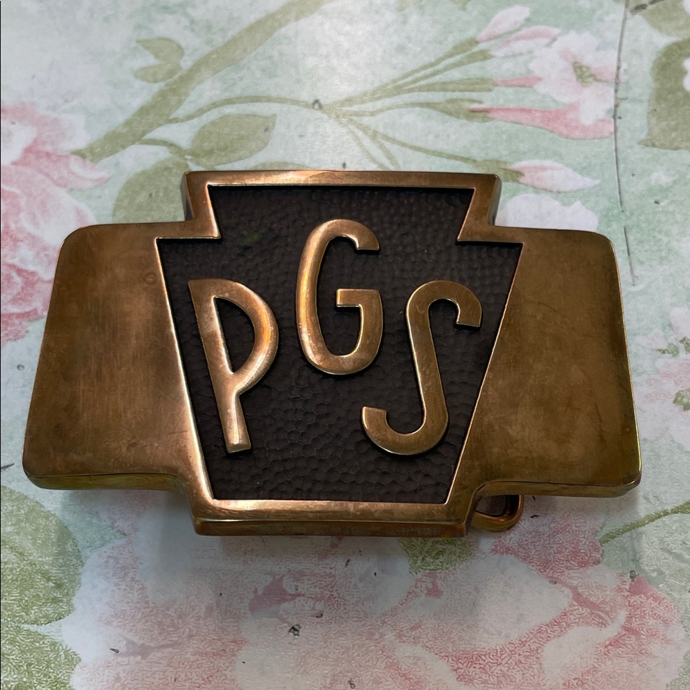 1987 PGS SOLID BRASS Hand made Belt Buckle Pennsylvania Glass Sand Co.